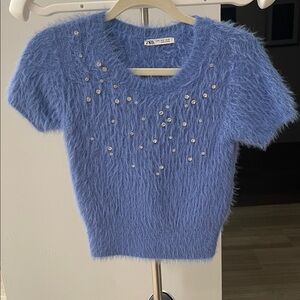 Zara Soft Blue Knit Top with Sparkling Details